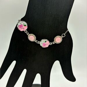 Silver and Pink Floral Bracelet
